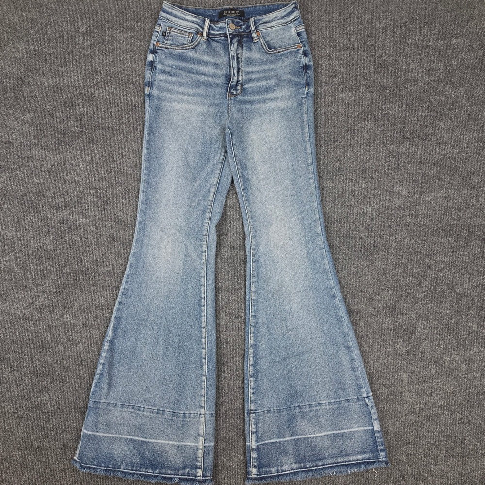 Judy Blue Flare Jeans Women's 5/ 27 High Rise Light Wash Raw Hem Denim JB88486